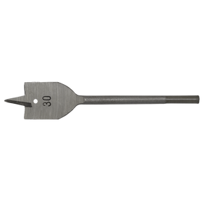Introducing the Sealey Flat Wood Bit Ø30mm x 152mm - FWB30, a high-performance drill bit specifically designed for wood materials. This flat wood bit features a pointed tip and is engraved with "30" to indicate its size. The hex shank ensures a secure grip in your drill.