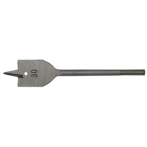 Introducing the Sealey Flat Wood Bit Ø30mm x 152mm - FWB30, a high-performance drill bit specifically designed for wood materials. This flat wood bit features a pointed tip and is engraved with "30" to indicate its size. The hex shank ensures a secure grip in your drill.