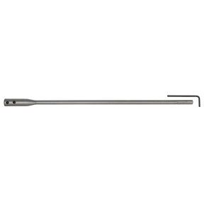 The Sealey Flat Wood Bit Extension 300mm - FWBEXT is a metal rod equipped with a small hex key at one end, and it includes an extra grip for enhanced control.