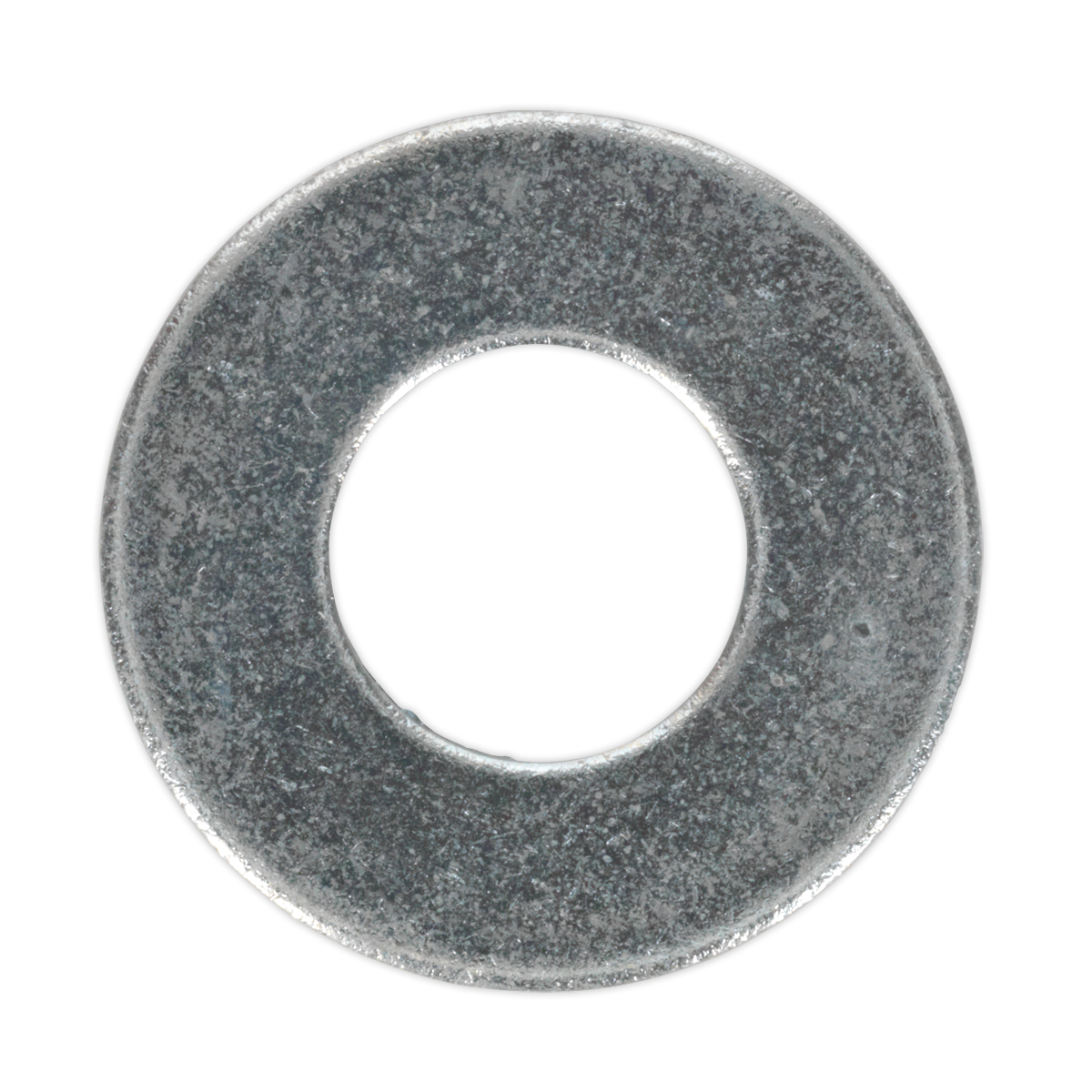 A close-up image of a Sealey Flat Washer M12 x 28mm Form C (product code: FWC1228) from a pack of 100, showcasing its increased clamping area and central hole and compliant with BS 4320.