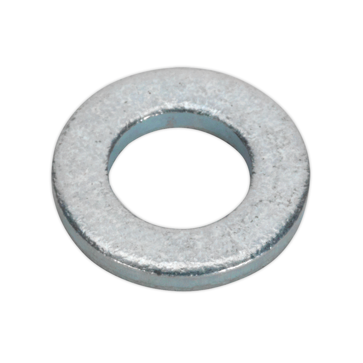 The Sealey Flat Washer M5 x 12.5mm Form C (Pack of 100) - FWC512, featuring a circular shape with a central hole, provides an increased clamping area when viewed from above against a white background.