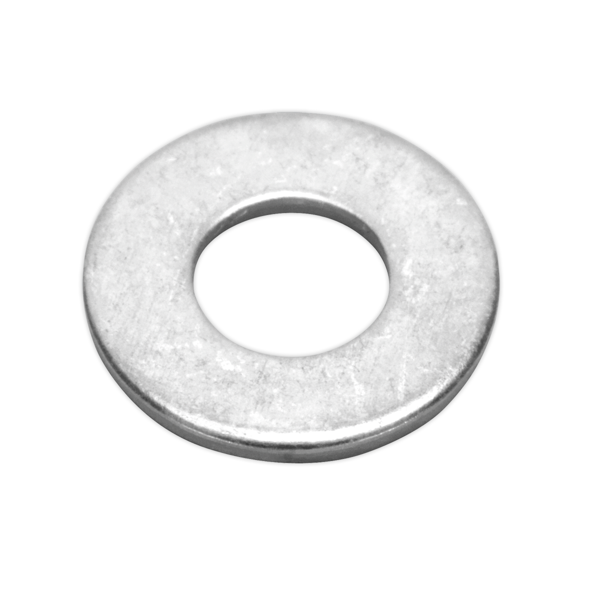 A close-up view of the Sealey Flat Washer M6 x 14mm Form C (Pack of 100 - FWC614) with a central hole, designed for an increased clamping area.