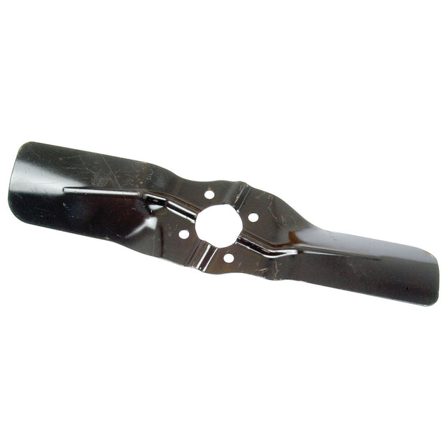 The Sparex Fan Blade (Part No. S.40005) is a black metal lawnmower blade featuring a central hole and two side holes, designed to be compatible with Massey Ferguson models.