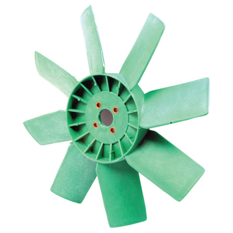 The Sparex Fan Blade (Part No. S.60506) is a green plastic fan with seven blades, a 19-inch diameter, and a central hub featuring four mounting holes, perfect for John Deere parts.