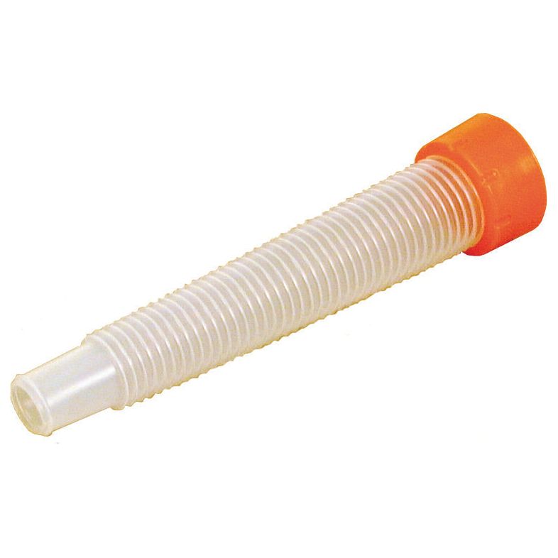 The Flexible Spout | Sparex Part No. S.5900 by Sparex is a ribbed, clear plastic nozzle with an orange cap, designed for dispensing substances from a 5 Litre Jug.