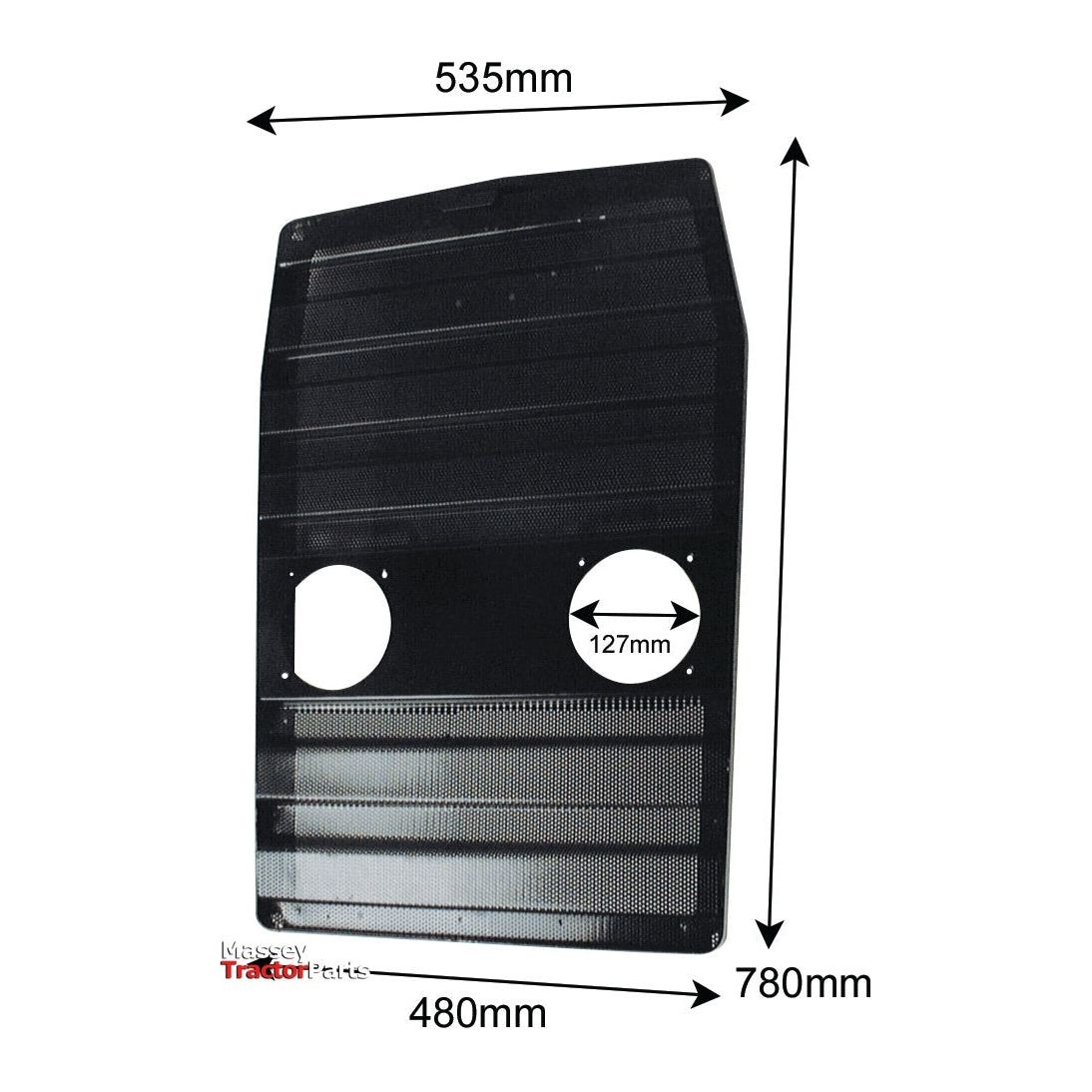 Sparex Front Grille, Part No. S.41441, for Massey Ferguson tractors, is a rectangular black panel measuring 535mm at the top width, 480mm at the bottom width, and 780mm in height, with a circular opening of 127mm in diameter.