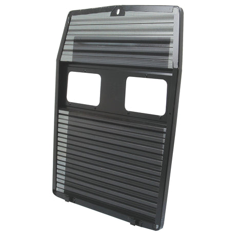 The Sparex Front Grille - S.43560 is a black and silver metal vent cover with two rectangular openings, featuring a louvered design that perfectly balances both height and length.