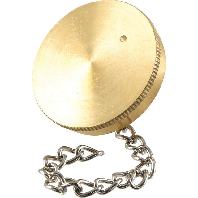 The Fuel Cap - S.58926 by Sparex is a round brass threaded cap, vented and attached to a short metal chain, featuring a hole on its surface.