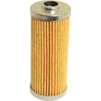 The Sparex Fuel Filter - Element (FF5131), part number S.76884, is a yellow cylindrical filter featuring pleated paper elements encased in metal end caps, compatible with John Deere and Sparex Agrifilter systems.