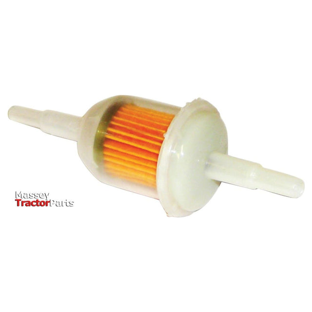 Small inline fuel filter with transparent casing and orange filter element, shown against a plain white background. The words "Massey Tractor Parts" are visible on the left side. Ideal for petrol engines, this Sparex Fuel Filter - In Line (Sparex Part No.S.70953) ensures clean fuel flow through any compatible fuel hose.