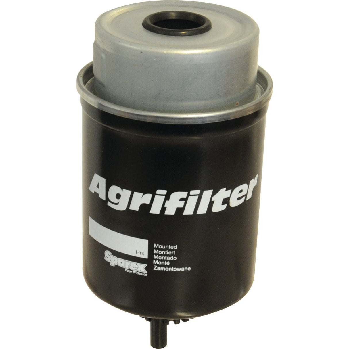 A black Sparex Spin On fuel filter, featuring a metallic top and printed with the text "Agrifilter" and "Sparex," designated as Sparex Part No. S.148234.