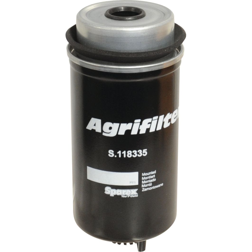 A black cylindrical Fuel Separator - Element by Sparex, part number S.118335, this Case IH compatible filter is used for mounting on agricultural machinery.