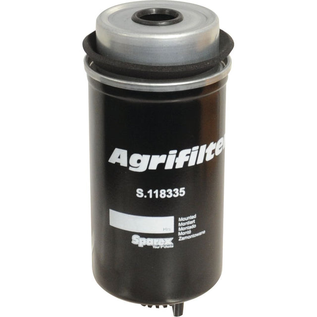 A black cylindrical Fuel Separator - Element by Sparex, part number S.118335, this Case IH compatible filter is used for mounting on agricultural machinery.