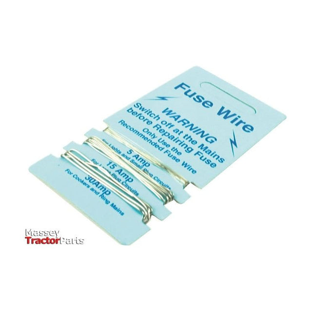 Image of blue packaging for Sparex Fuse Wire Card - S.14396, displaying 3, 5, and 15 amp wire coils. The packaging includes suitable information and a warning to switch off mains before replacing the fuse.