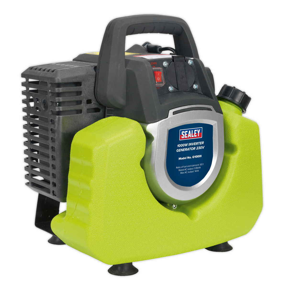 The Sealey Generator Inverter 1000W 230V - G1000I is a portable green device equipped with a black handle, control panel, and vents. It features advanced digital inverter technology providing 230V power at 1000W. An electronic safety overload system ensures reliable operation and fuel efficiency.