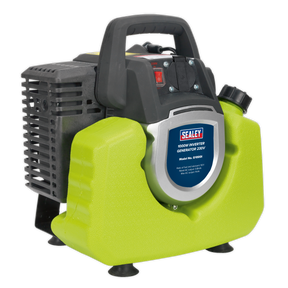 The Sealey Generator Inverter 1000W 230V - G1000I is a portable green device equipped with a black handle, control panel, and vents. It features advanced digital inverter technology providing 230V power at 1000W. An electronic safety overload system ensures reliable operation and fuel efficiency.