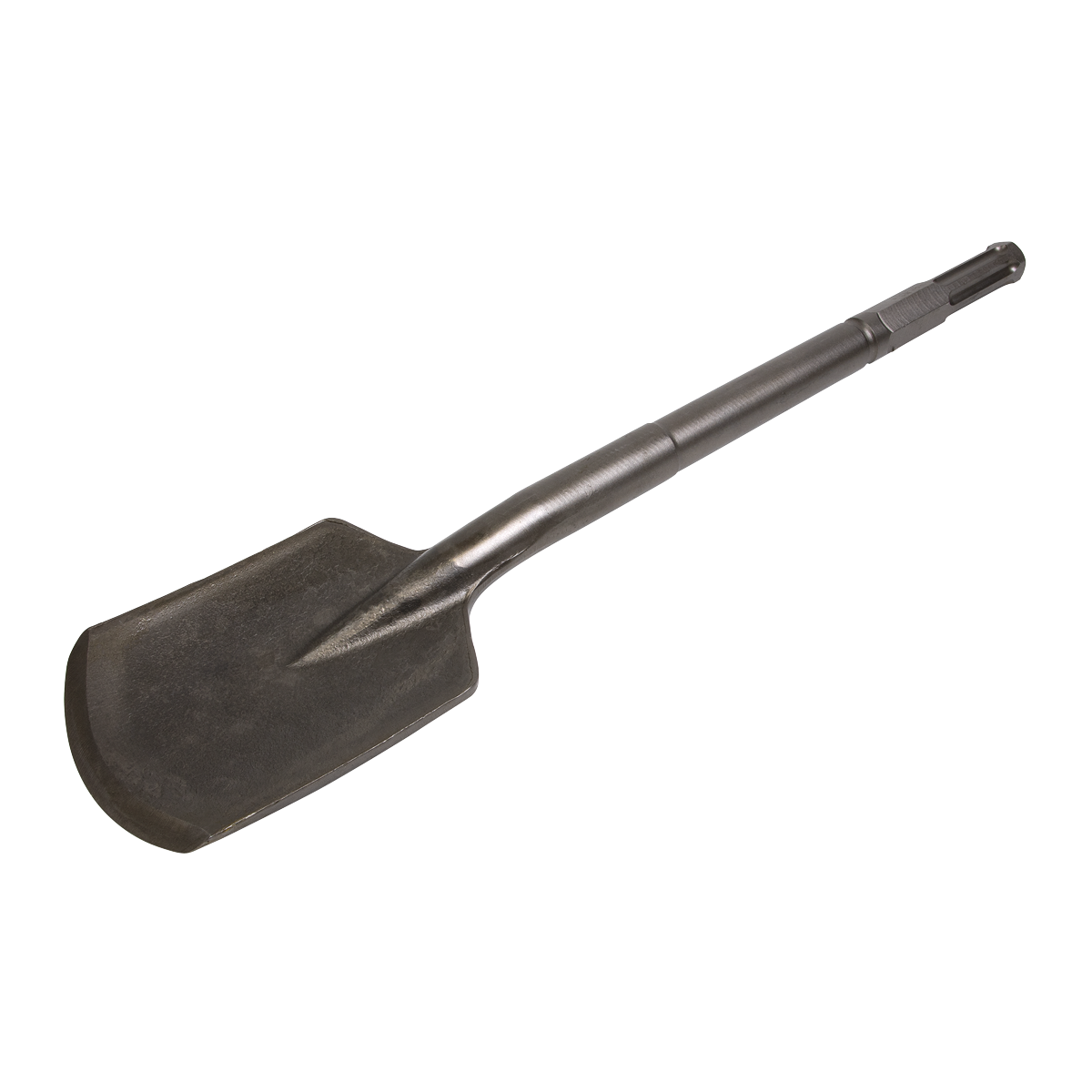 A Sealey Clay Spade 110 x 520mm - Hilti TP805/TE905/TE1000 - G1CS with a pointed blade and a straight handle is lying on a white background.