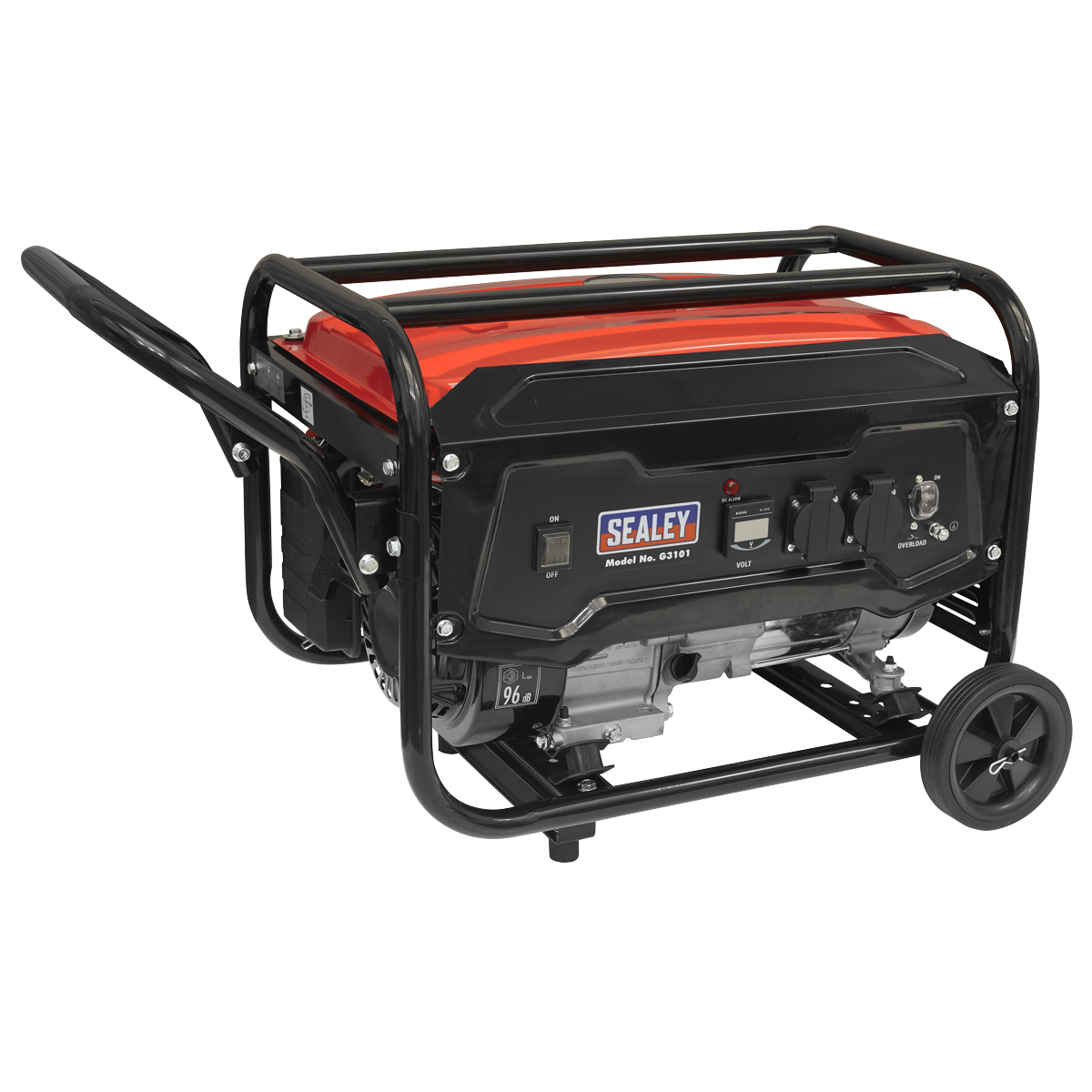 The Sealey Generator 3100W 230V 7hp - G3101, featuring a red and black body, is mounted on a metal frame with wheels and a handle for easy transport.