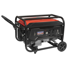 The Sealey Generator 3100W 230V 7hp - G3101, featuring a red and black body, is mounted on a metal frame with wheels and a handle for easy transport.