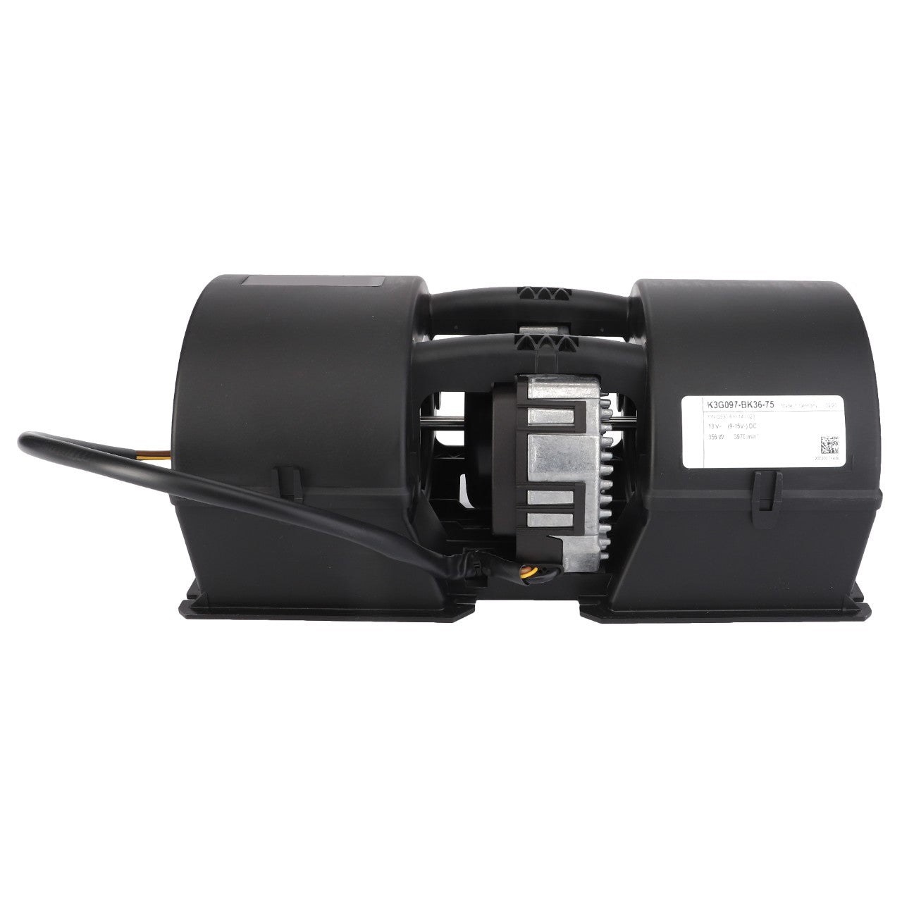 Close-up of the Blower - G930810140023, a black industrial fan by AGCO, with visible power cable, labeling, and connector accents on a white background; ideal for AGCO Parts Genuine heating and air conditioning units.