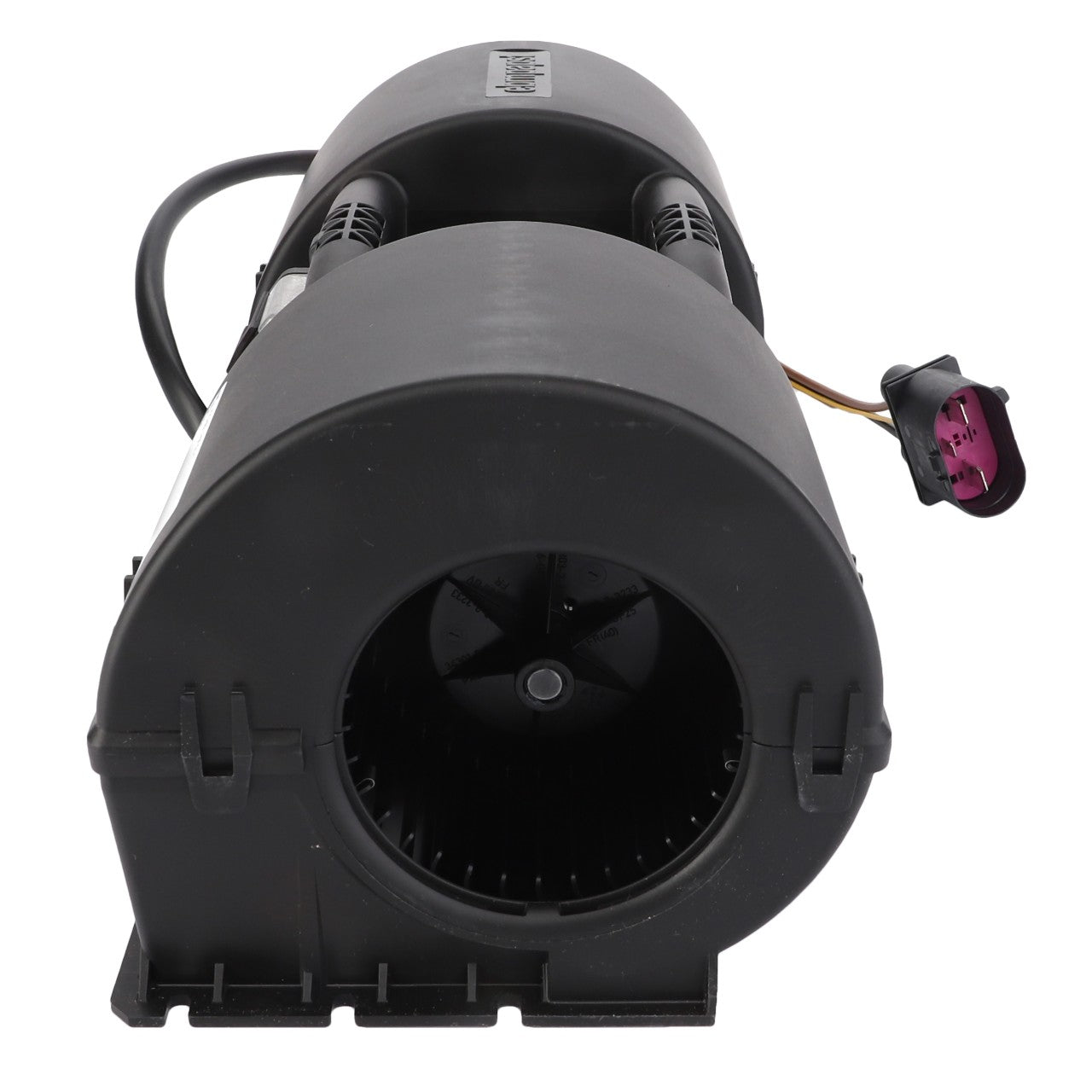 The AGCO Blower - G930810140023 is a black cylindrical electrical blower, perfect for heating and air conditioning units, equipped with an attached cable and connector.