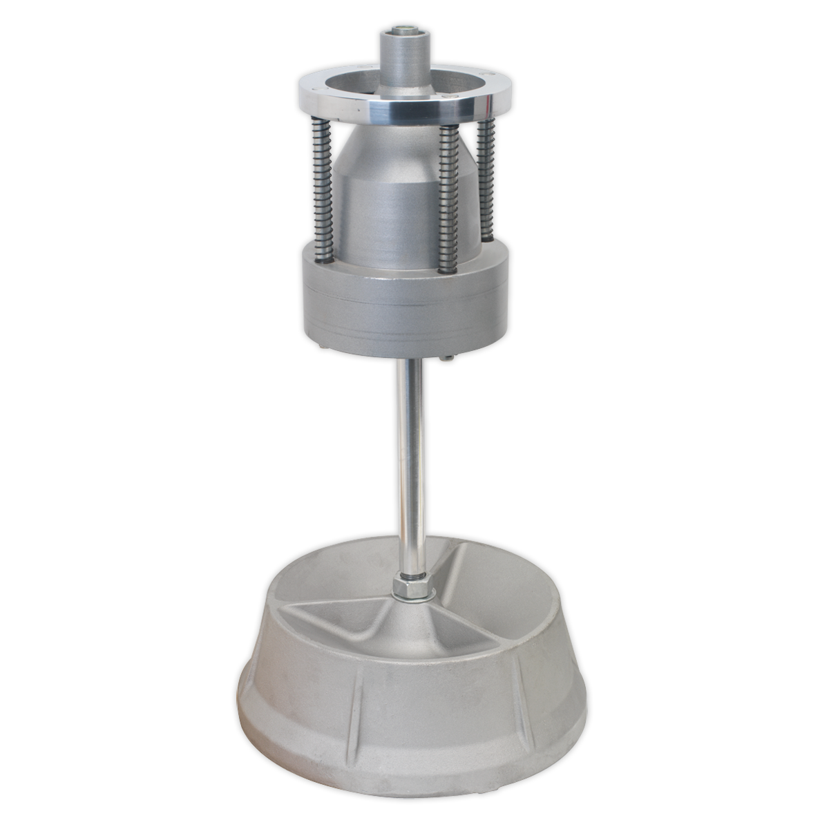 The Wheel Balancer - Manual - GA10 by Sealey is a silver industrial machine part featuring a cylindrical body, supported by a vertical rod and mounted on a conical base for balancing wheels.