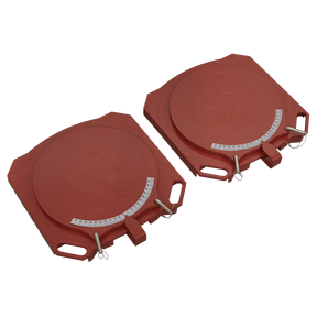 Two Sealey Steering Turntables - Pair - GA44, featuring attached measurement scales and locking pins for precise wheel alignment. Ideal for accurately determining steering angles or using with a Caster Kingpin Gauge for detailed angular measurements.