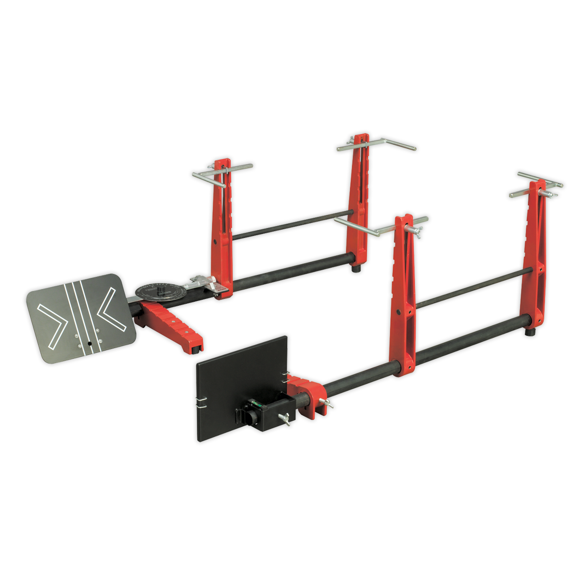 A red and black adjustable squat and bench press rack featuring safety arms, weight holders, and the Sealey Laser Wheel Alignment Gauge - GA50 for precise setup.