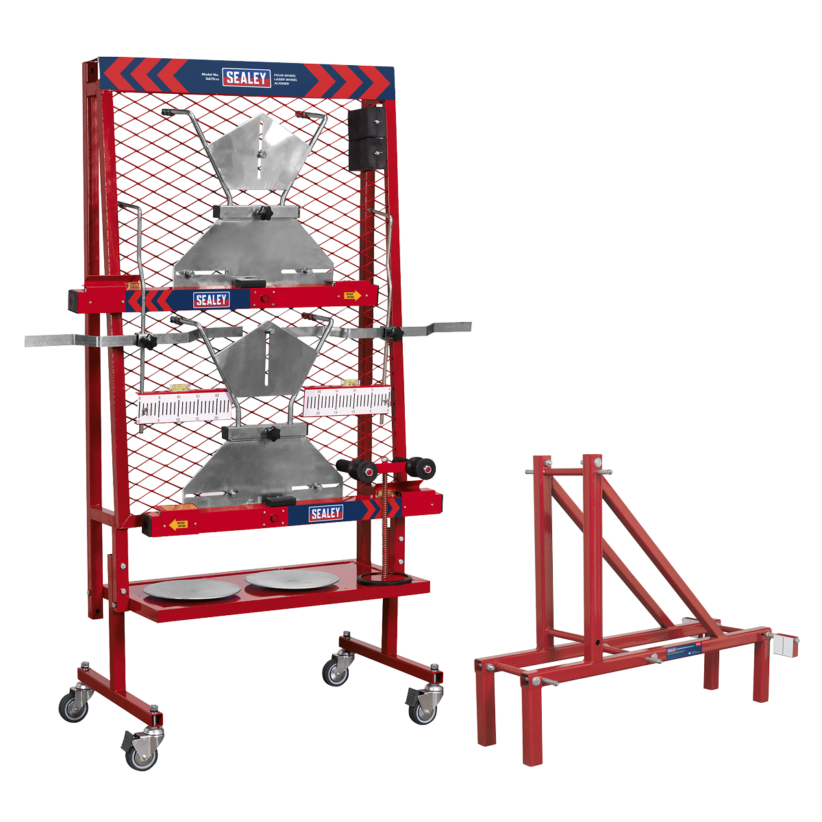 The Sealey 4-Wheel Laser Wheel Aligner Combo - GA70COMBO features a red metal framework holding two metal cone-shaped containers and is equipped with a matching red structure on wheels. The aligner, which significantly enhances vehicle performance, prominently displays the Sealey logo on both the top and middle of the framework.