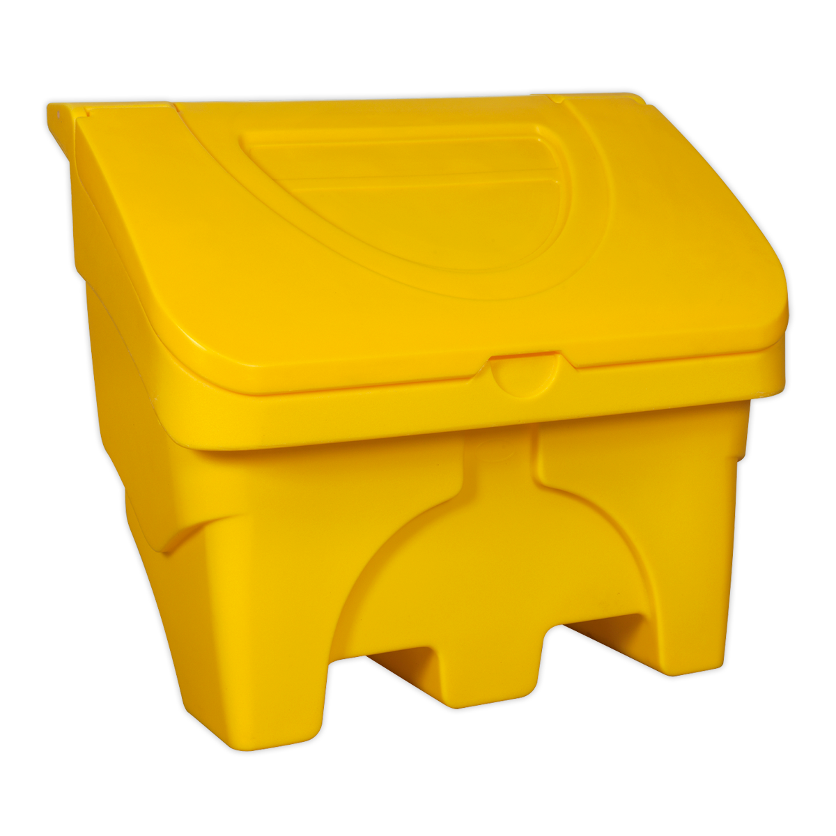 A yellow 130L polyethylene storage box with a closed lid and a handle, designed with indentations at the base for stability, perfect for outdoor grit storage. This product is known as the Grit & Salt Storage Box 130L - GB02 by Sealey.