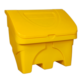 A yellow 130L polyethylene storage box with a closed lid and a handle, designed with indentations at the base for stability, perfect for outdoor grit storage. This product is known as the Grit & Salt Storage Box 130L - GB02 by Sealey.