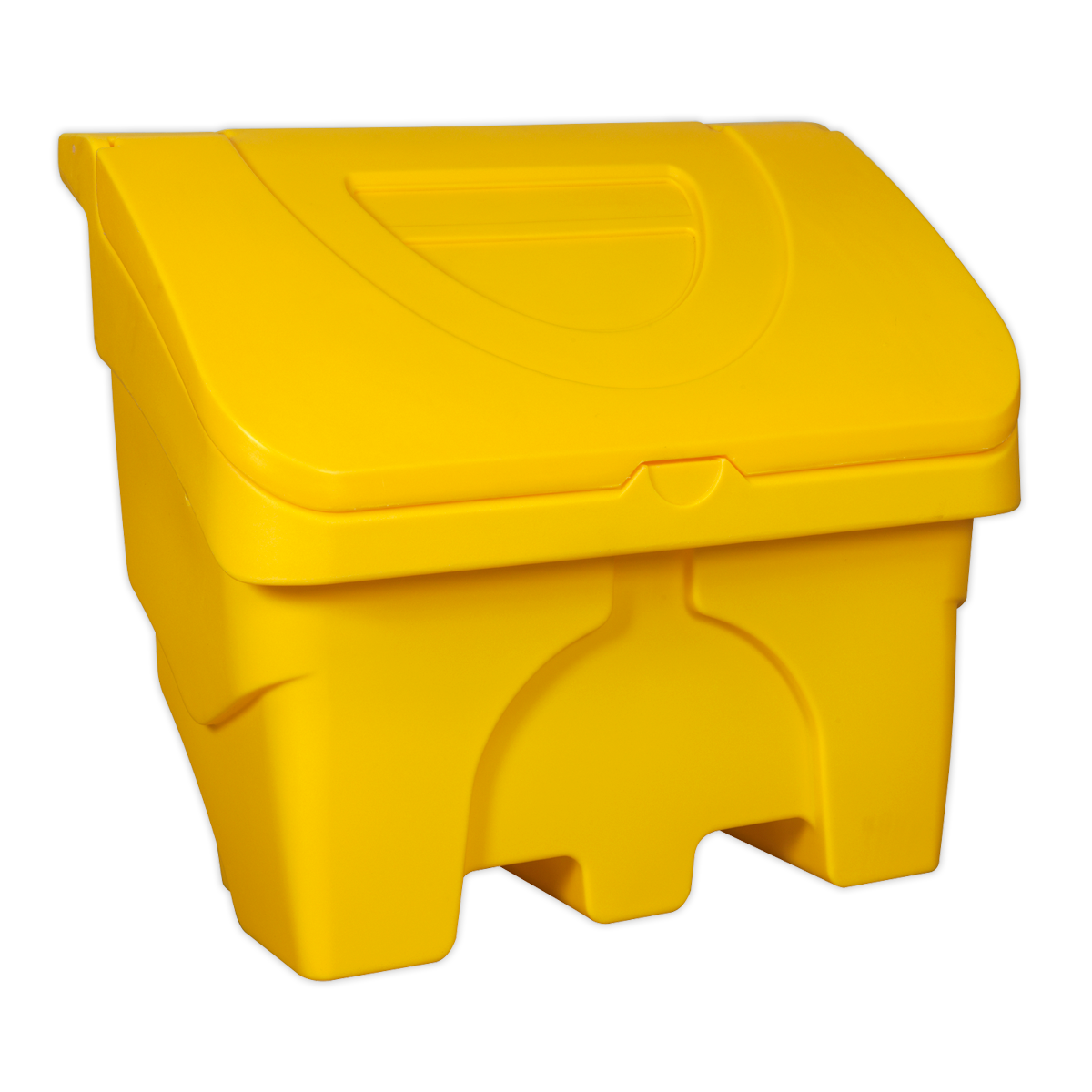 The Sealey Grit & Salt Storage Box 200L - GB03 is a yellow polyethylene container featuring a hinged lid and a top handle, ideal for outdoor grit storage.