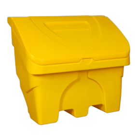 The Sealey Grit & Salt Storage Box 200L - GB03 is a yellow polyethylene container featuring a hinged lid and a top handle, ideal for outdoor grit storage.