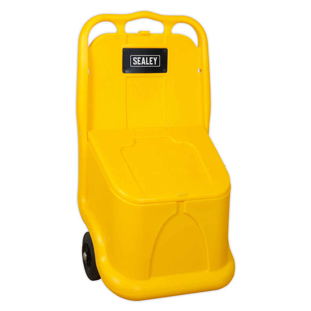 The Sealey Grit/Salt Mobile Storage Cart 75L - GB04 is a yellow polyethylene storage bin featuring a hinged lid, ergonomic handle, and wheels for easy mobility, offering a generous 75L capacity.