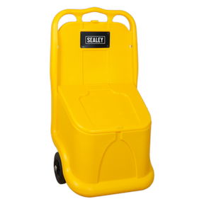 The Sealey Grit/Salt Mobile Storage Cart 75L - GB04 is a yellow polyethylene storage bin featuring a hinged lid, ergonomic handle, and wheels for easy mobility, offering a generous 75L capacity.