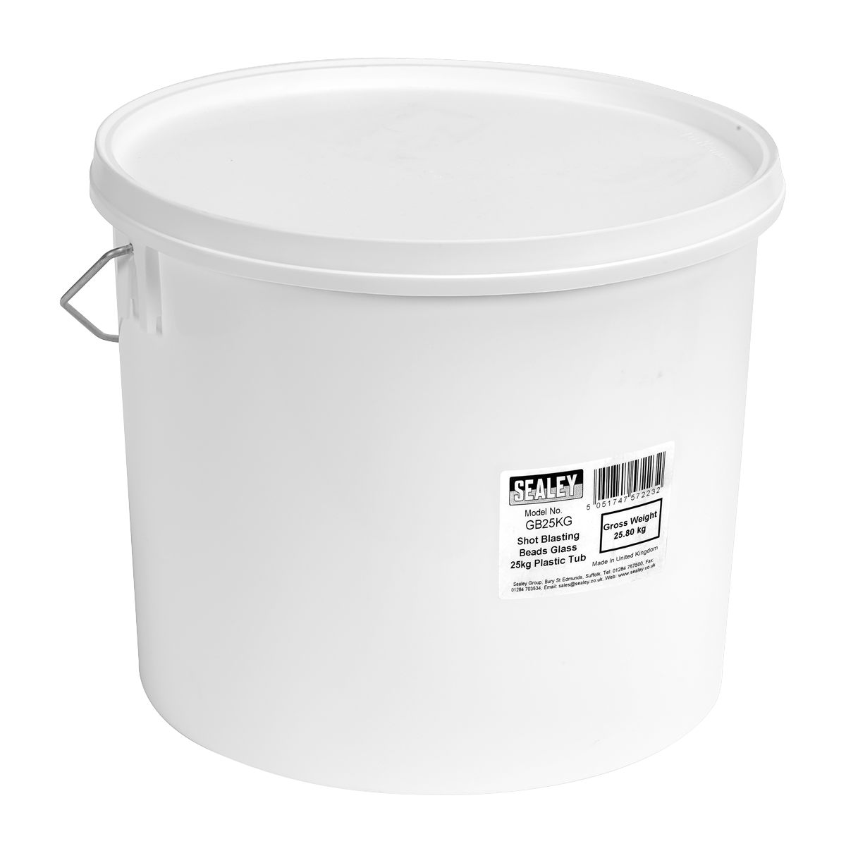 A large white plastic tub with a lid, featuring a label that reads: "Sealey, Shot Blasting Beads Glass 25kg Plastic Tub - GB25KG". Perfect for use in shot blasting cabinets.