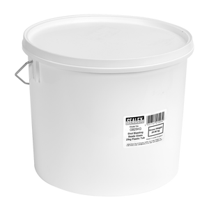 A large white plastic tub with a lid, featuring a label that reads: "Sealey, Shot Blasting Beads Glass 25kg Plastic Tub - GB25KG". Perfect for use in shot blasting cabinets.