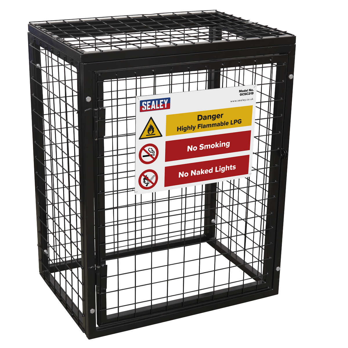 The Sealey Safety Cage - 2 x 19kg Gas Cylinders (Model GCSC219) is a black metal enclosure featuring a self-assembly metal frame and wire mesh box, specifically designed for the storage of propane cylinders. The sign affixed to the cage reads "Danger Highly Flammable LPG," "No Smoking," and "No Naked Lights.