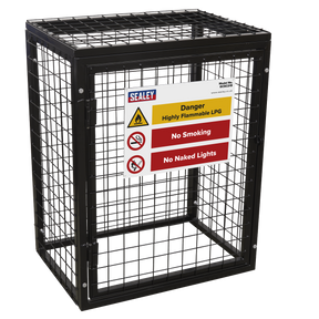 The Sealey Safety Cage - 2 x 19kg Gas Cylinders (Model GCSC219) is a black metal enclosure featuring a self-assembly metal frame and wire mesh box, specifically designed for the storage of propane cylinders. The sign affixed to the cage reads "Danger Highly Flammable LPG," "No Smoking," and "No Naked Lights.