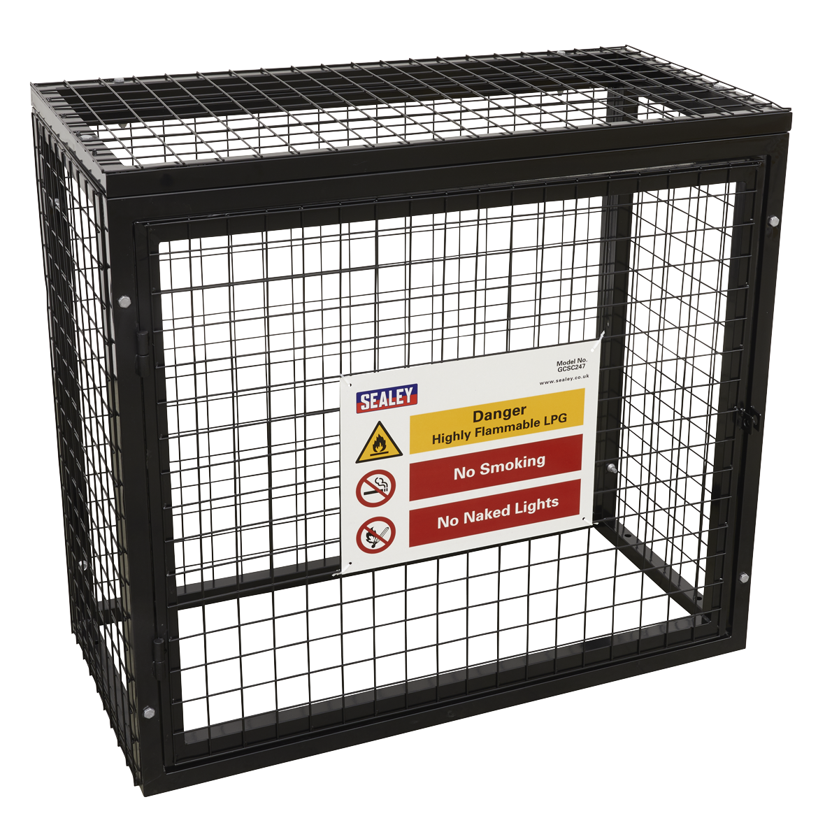 The Sealey Safety Cage - 2 x 47kg Gas Cylinders (GCSC247), featuring a black metal cage with a powder-coated galvanized box frame, includes a hinged door with hasp and staple. A warning sign labeled "Danger Highly Flammable LPG" prohibits smoking and open flames, ensuring the safe storage of propane and butane cylinders.