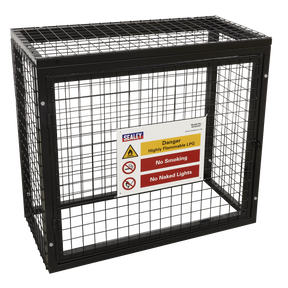 The Sealey Safety Cage - 2 x 47kg Gas Cylinders (GCSC247), featuring a black metal cage with a powder-coated galvanized box frame, includes a hinged door with hasp and staple. A warning sign labeled "Danger Highly Flammable LPG" prohibits smoking and open flames, ensuring the safe storage of propane and butane cylinders.