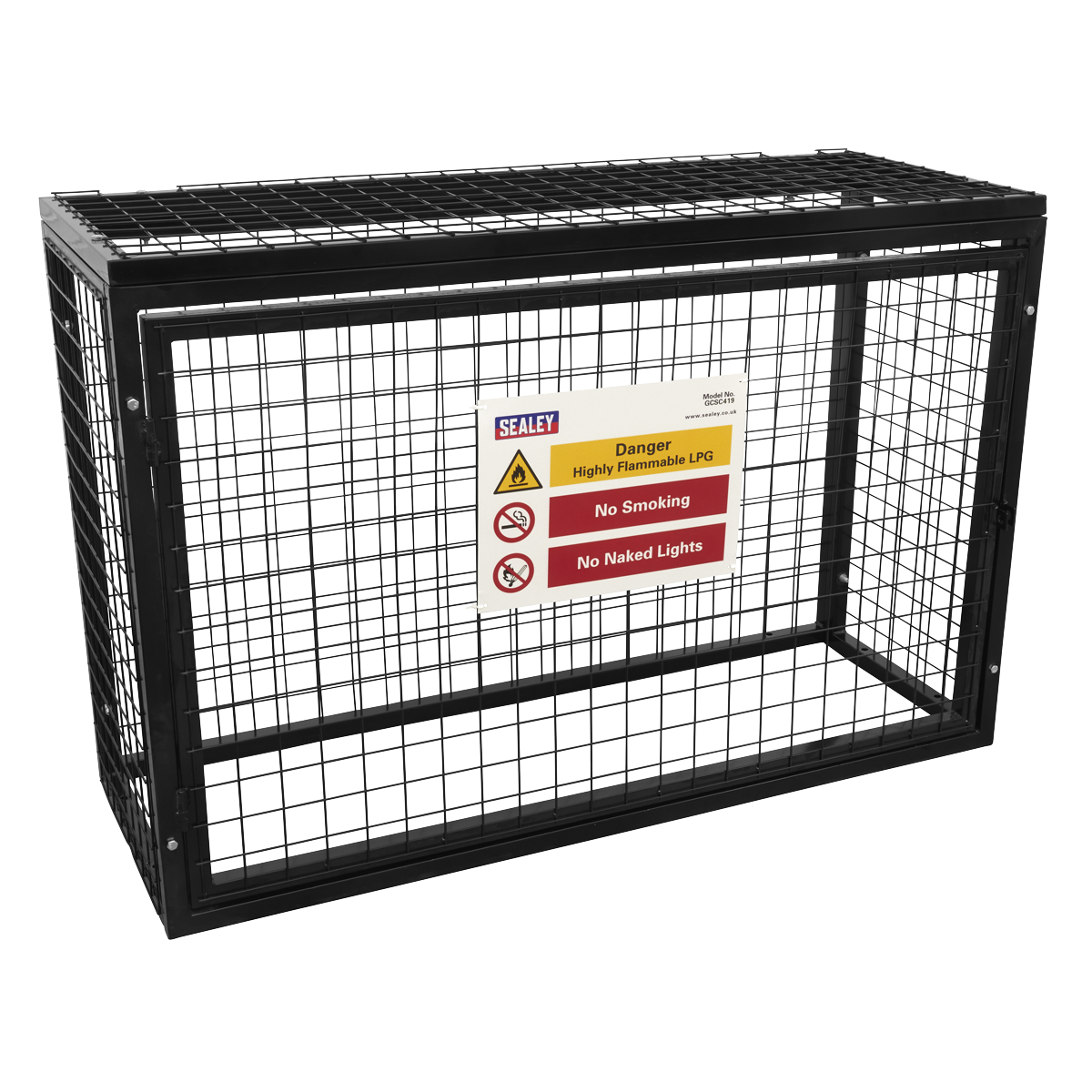 The Sealey Safety Cage - GCSC419, designed for storing 4 x 19kg gas cylinders, features a black wire mesh box frame with a hinged door equipped with a hasp and staple. It comes with warning signs indicating "Highly Flammable LPG," "No Smoking," and "No Naked Lights," making it ideal for the safe storage of Propane and Butane cylinders.