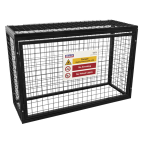 The Sealey Safety Cage - GCSC419, designed for storing 4 x 19kg gas cylinders, features a black wire mesh box frame with a hinged door equipped with a hasp and staple. It comes with warning signs indicating "Highly Flammable LPG," "No Smoking," and "No Naked Lights," making it ideal for the safe storage of Propane and Butane cylinders.