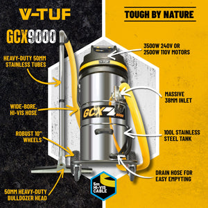 V-TUF GCX9000 3.5KW 100L WET & DRY Industrial Powerful Vacuum Cleaner - Side Entry & Cyclone Tech (240V)