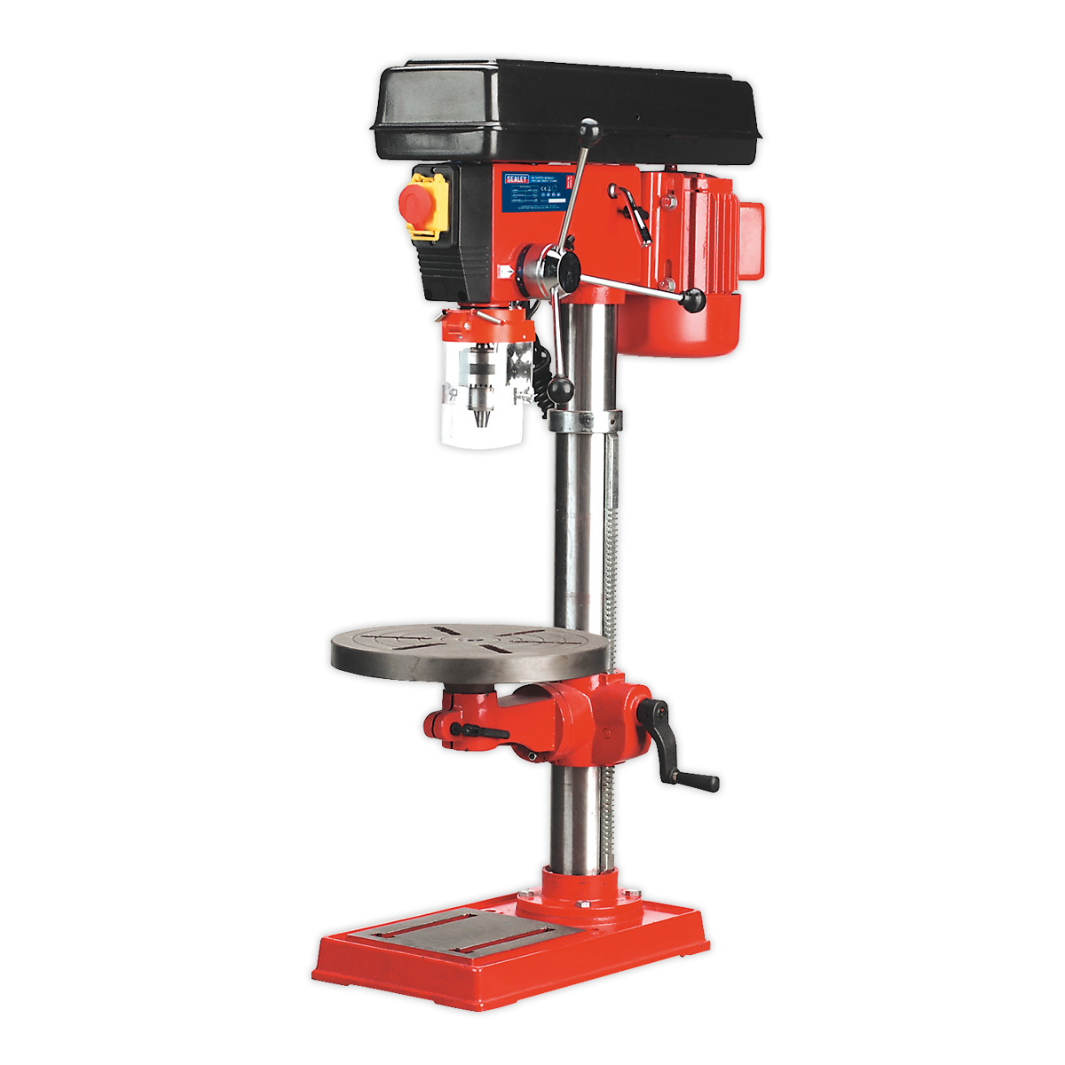 The Sealey Pillar Drill Bench 16-Speed 960mm Height 550W/230V - GDM120B features a red and black design, a sturdy metal base, an adjustable table, and control switches conveniently located on the head, making it perfect for woodworking applications.