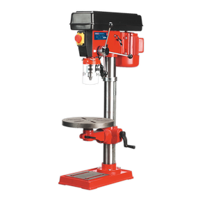 The Sealey Pillar Drill Bench 16-Speed 960mm Height 550W/230V - GDM120B features a red and black design, a sturdy metal base, an adjustable table, and control switches conveniently located on the head, making it perfect for woodworking applications.