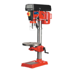 The Sealey Pillar Drill Bench 16-Speed 960mm Height 550W/230V - GDM120B features a red and black design, a sturdy metal base, an adjustable table, and control switches conveniently located on the head, making it perfect for woodworking applications.