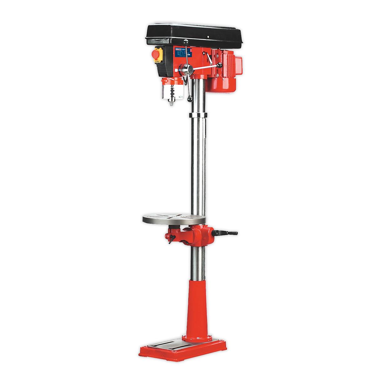 A red Sealey Pillar Drill Floor (GDM160F) features a black top, metal column, adjustable tilting table, crank handle for height adjustment, and a square base. This 16-speed floor-standing drill press is 1580mm in height with a power of 550W/230V and comes with CE certification.