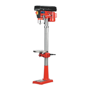 A red Sealey Pillar Drill Floor (GDM160F) features a black top, metal column, adjustable tilting table, crank handle for height adjustment, and a square base. This 16-speed floor-standing drill press is 1580mm in height with a power of 550W/230V and comes with CE certification.
