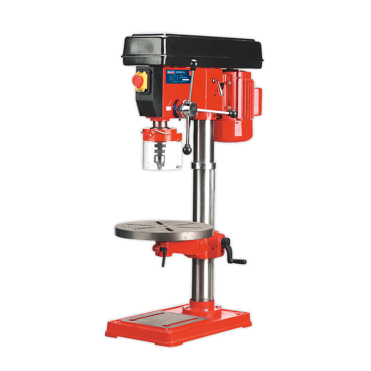 Introducing the Sealey Pillar Drill Bench 16-Speed 1085mm Height 750W/230V - GDM180B in striking red and black, featuring a round worktable and a convenient side crank handle. Perfect for light industrial applications.